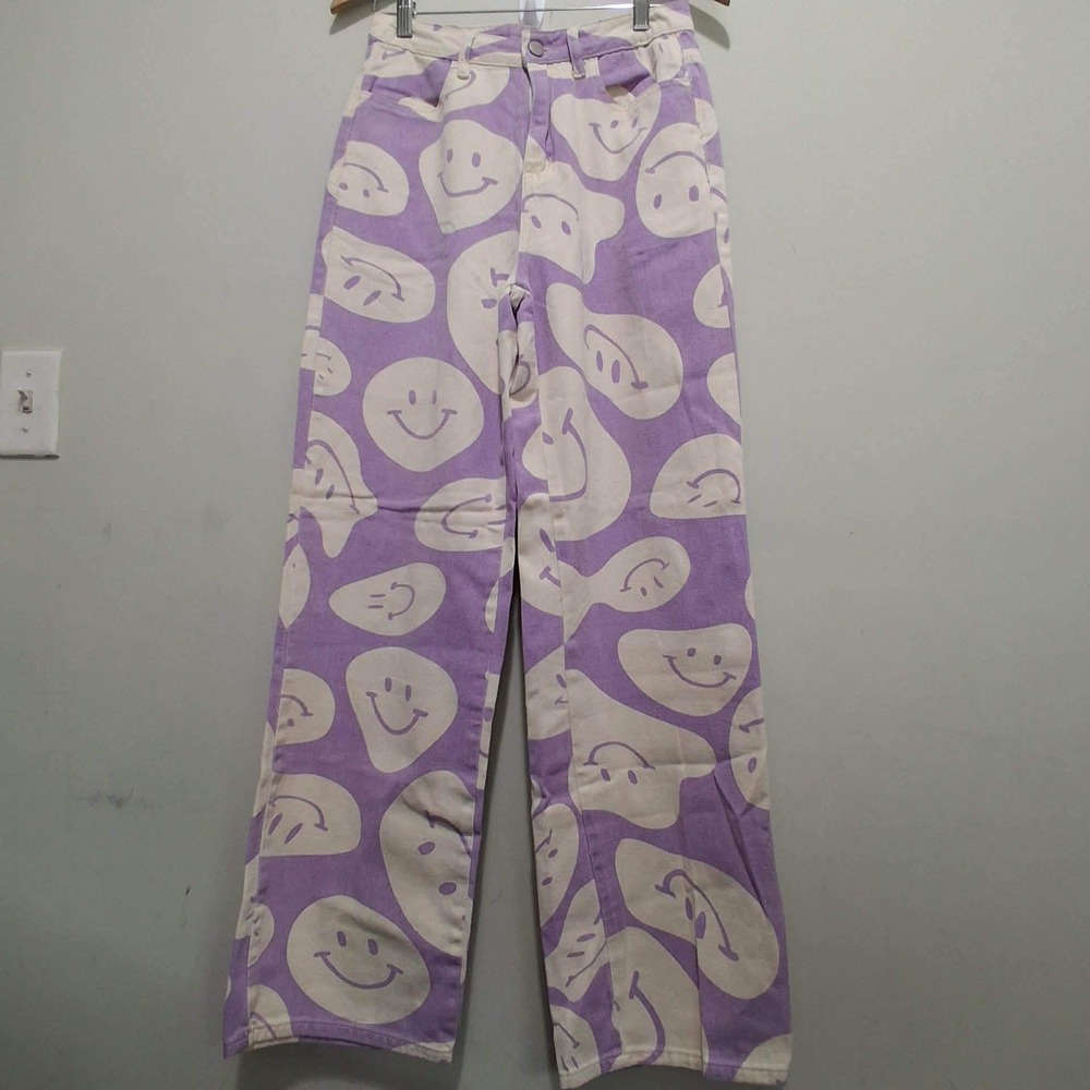 Bailey Rose Purple Melting Smiley Face High Rise Straight Leg Pants Small Funky